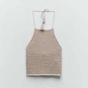 NWT Zara Silver Nude Tan Knit Metallic Halter Top Crop Tie Top Pointelle Thread